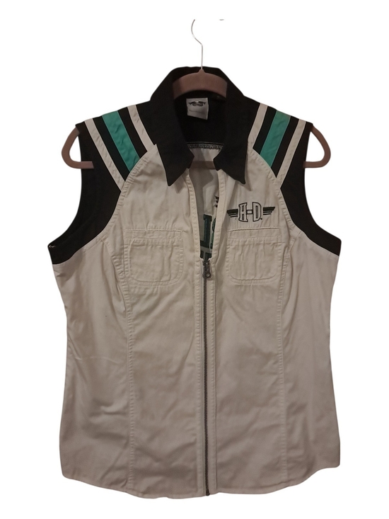 Harley-Davidson Jackets & Blazers - Harley-Davidson White Sleeveless Zip Vest with Black Collar and Teal Stripes